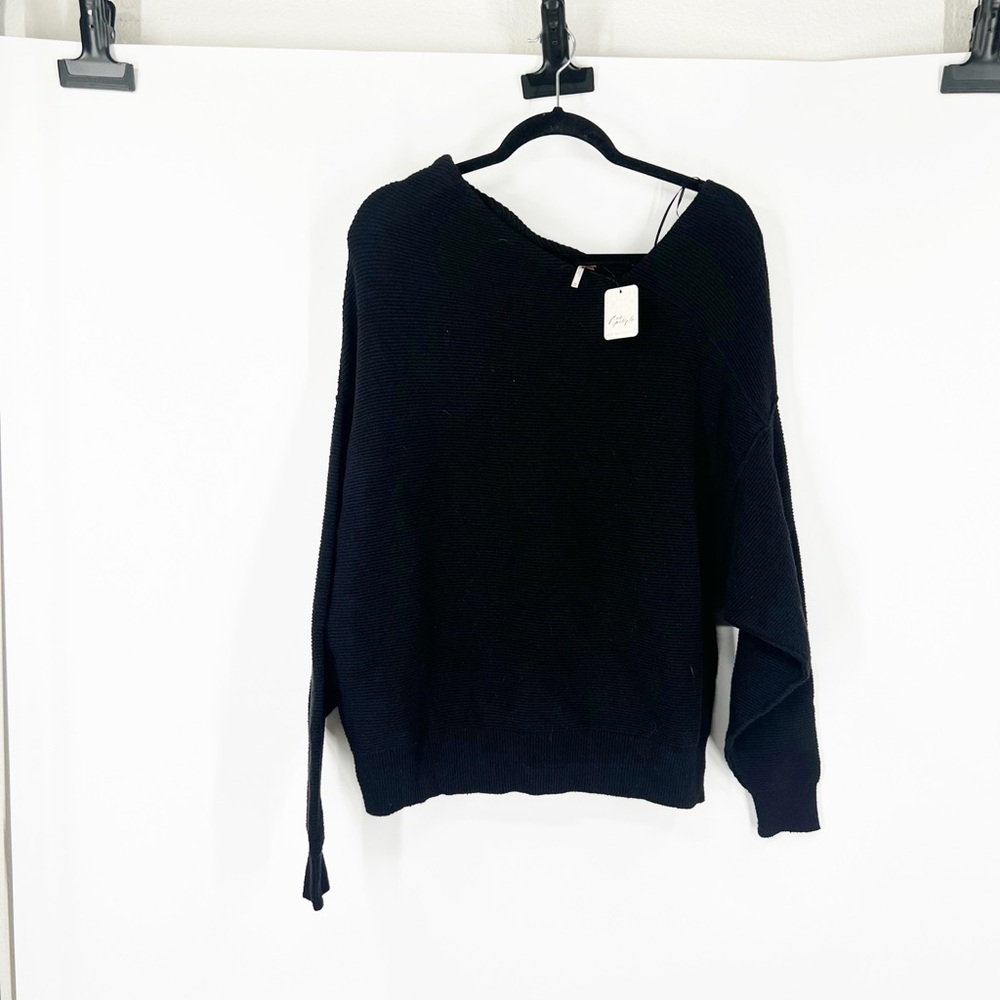 Free People Ottoman Check Sweater in Black Asymmetrical NWT